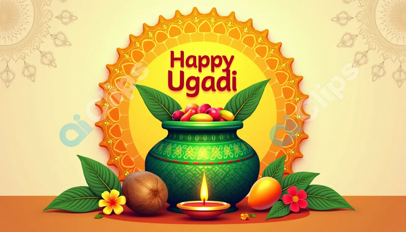 Ugadi Festival Greeting with Traditional Kalash and Fruits