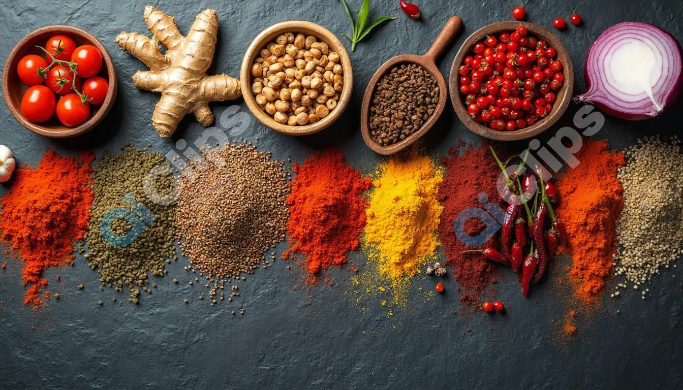 Vibrant Assortment of Indian Spices and Fresh Ingredients