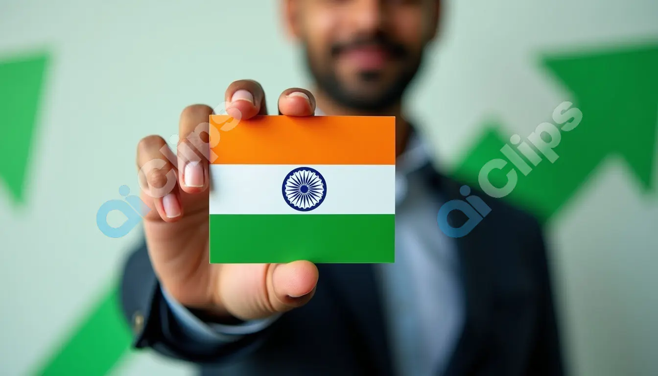 Close-Up of Indian Flag Card in Hand with Business Growth Background