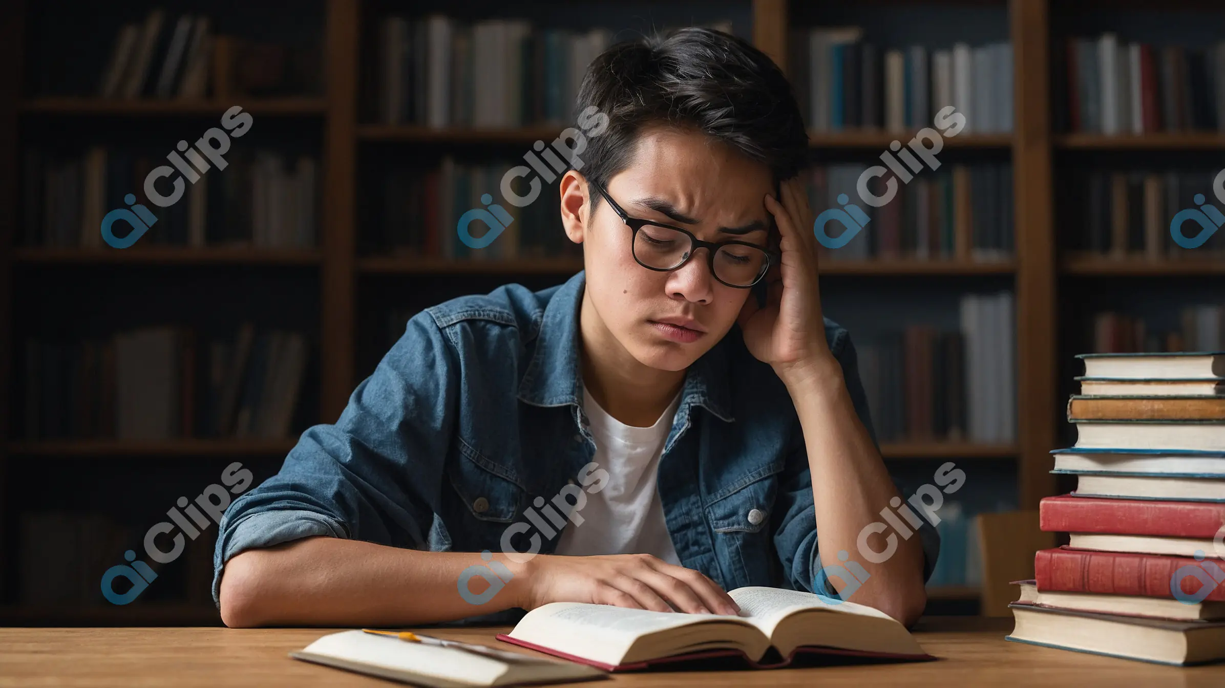 Stressed Student Studying in Library