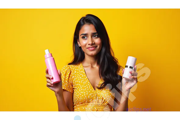 Woman Comparing Two Beauty Products on Yellow Background