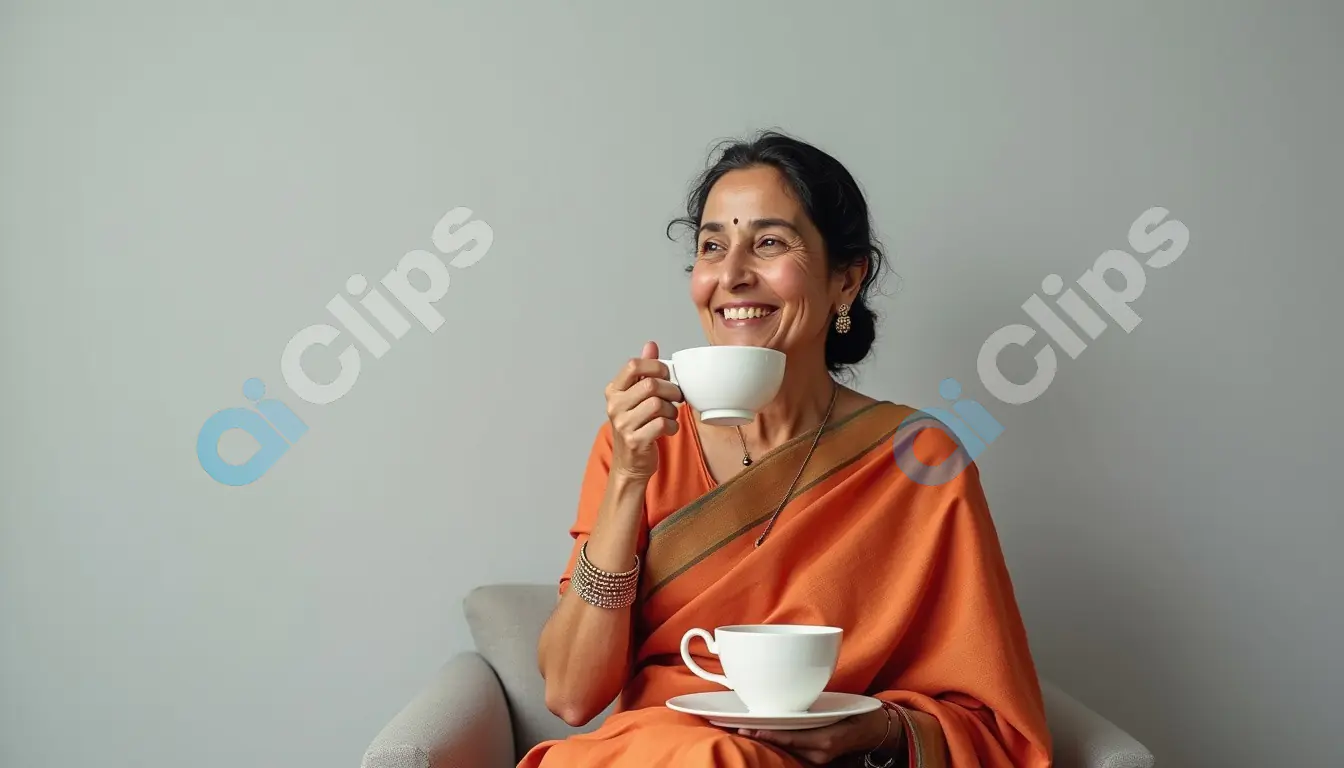 Smiling Indian Woman in Traditional Saree Sipping Tea