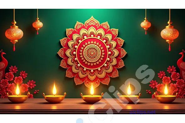 Luxurious Diwali Rangoli and Diya Setup with Lanterns