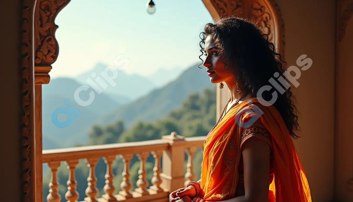 Woman in Traditional Indian Attire Admiring Mountain View