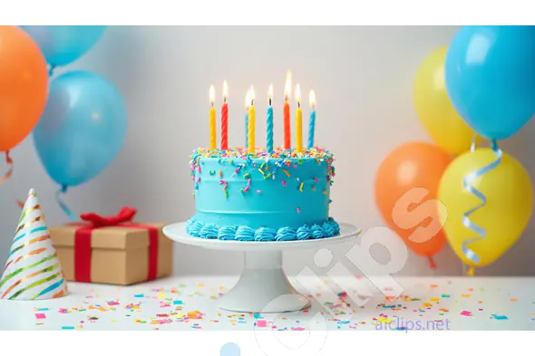Colorful Birthday Cake with Lit Candles and Balloons