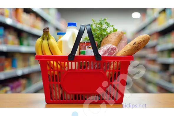 Grocery Basket Filled with Fresh Produce and Essentials