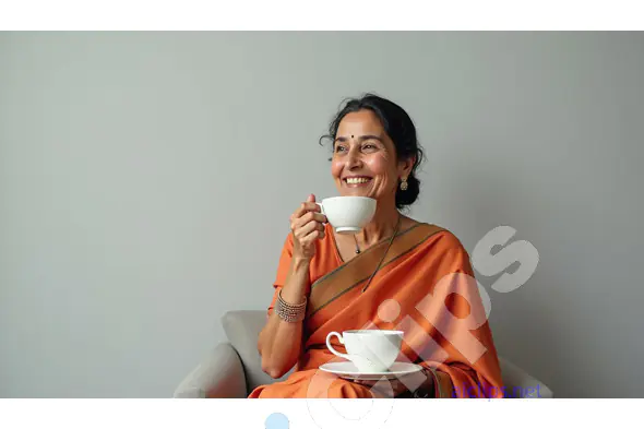 Smiling Indian Woman in Traditional Saree Sipping Tea