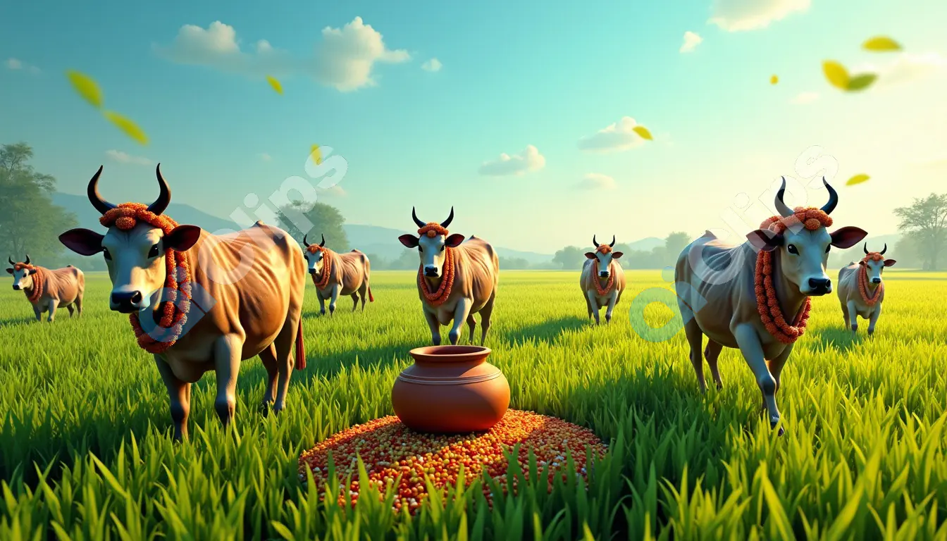 Traditional Indian Cattle in Harvest Field