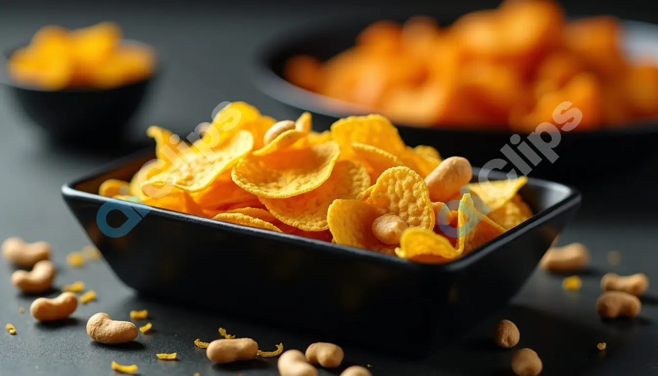 Crispy Snacks in Black Bowl with Peanuts