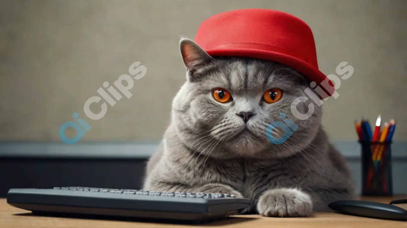 Cat in Red Hat at Work Desk