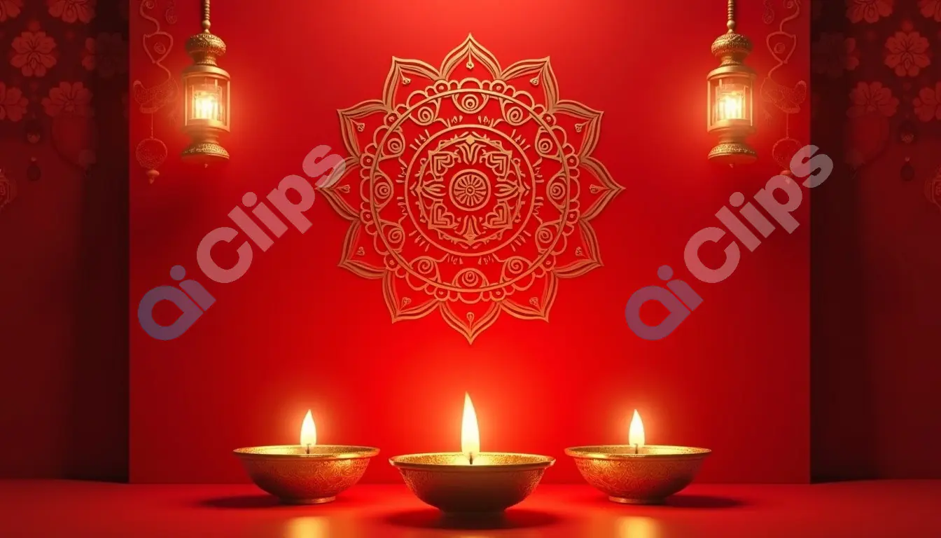 Elegant Red Diwali Rangoli with Diyas and Lanterns