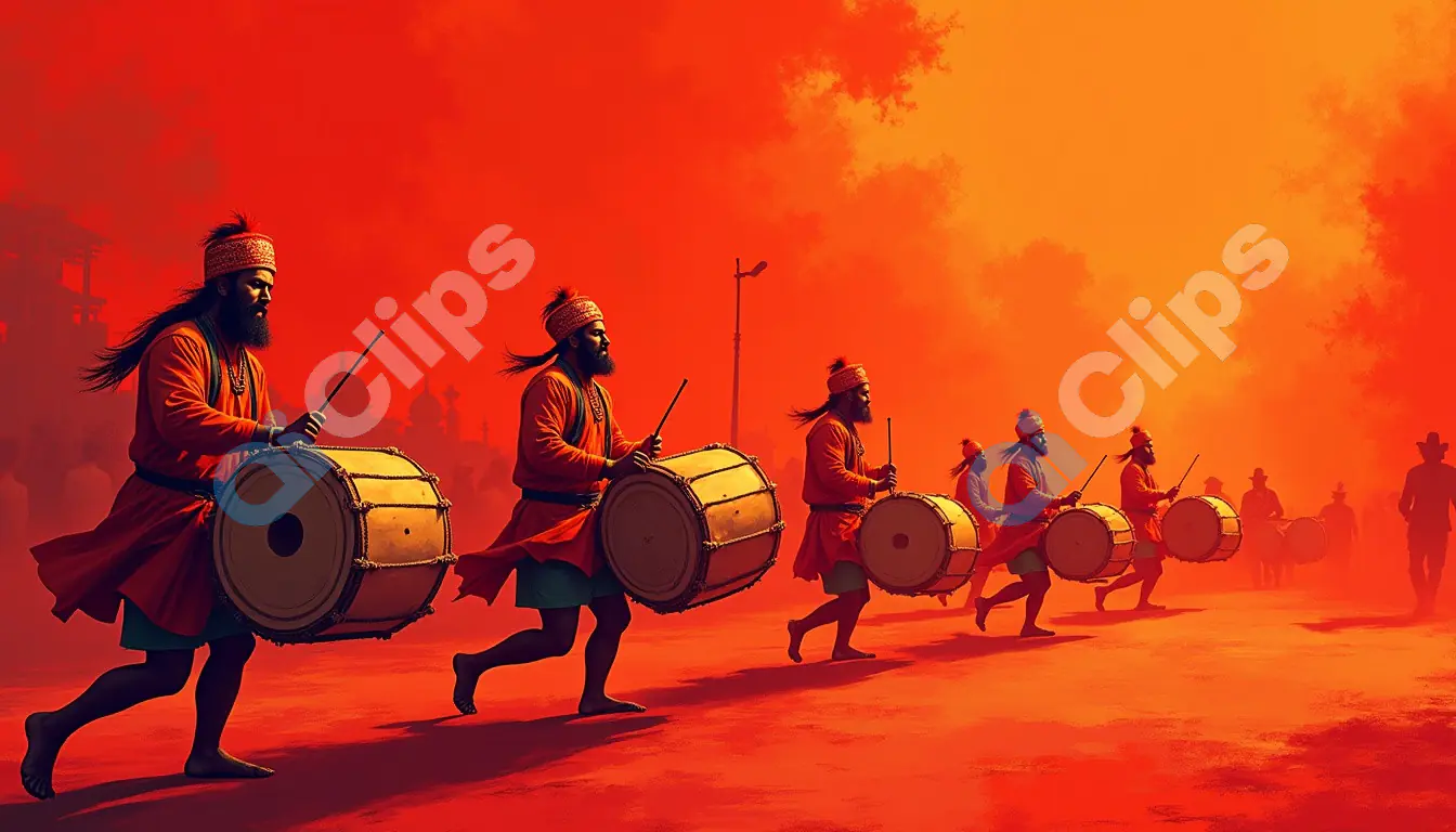 Traditional Drummers Leading a Procession at Sunrise