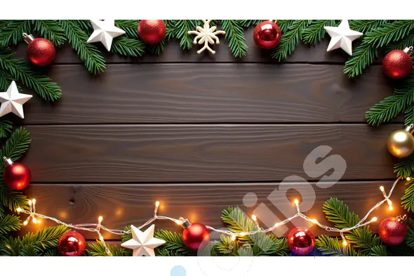 Christmas Frame with Ornaments and Wooden Background