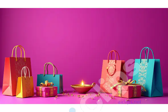 Festive Shopping Bags and Gifts with Diya on Pink Background