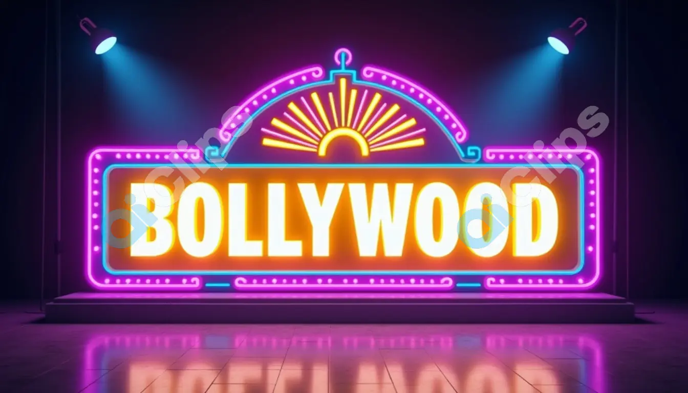 Neon Bollywood Cinema Sign with Spotlight and Reflection