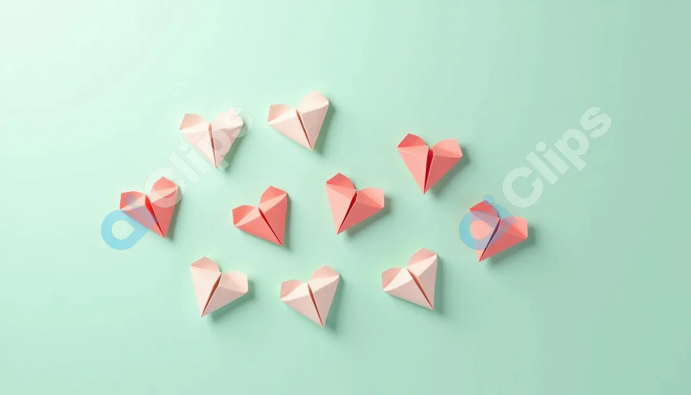 Pastel Origami Hearts on Mint Green Background - Minimalist Love Design
