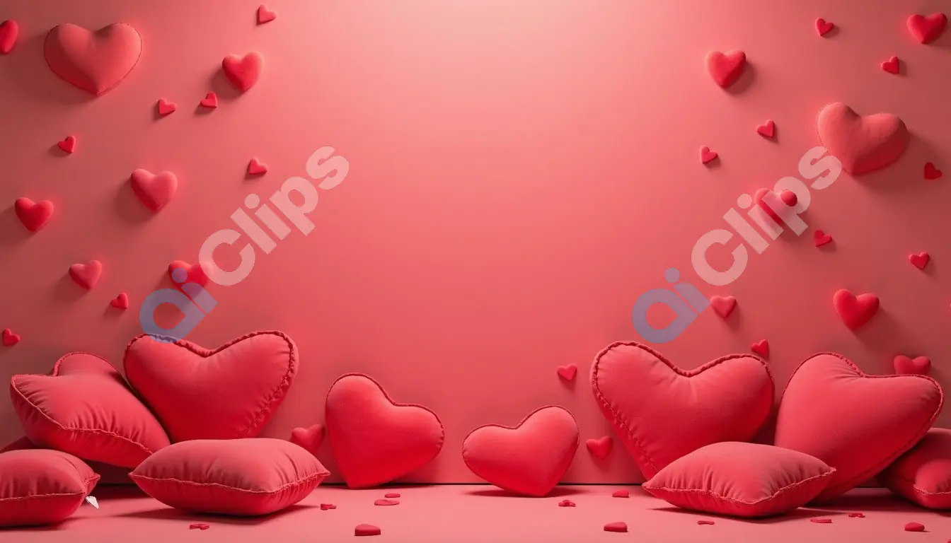 Heart Cushions and Floating Hearts on Soft Pink Background