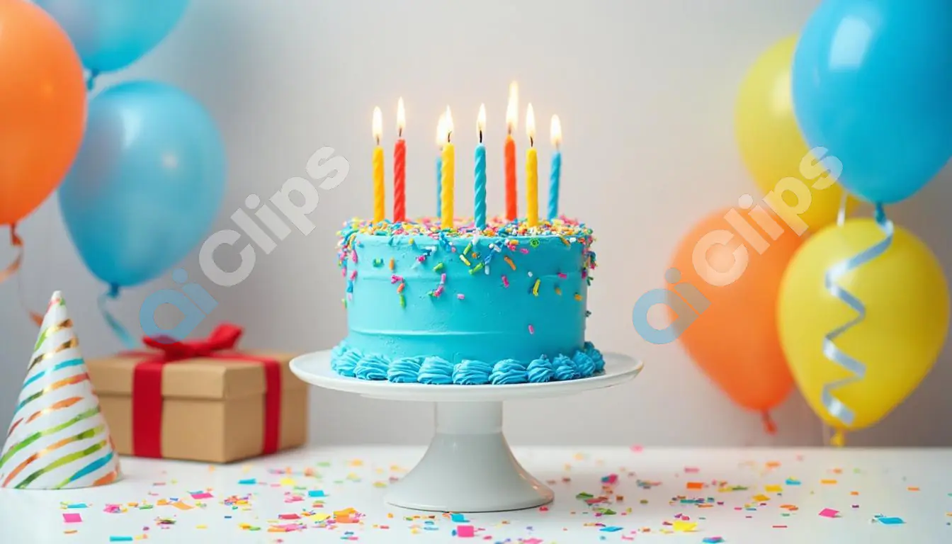 Colorful Birthday Cake with Lit Candles and Balloons