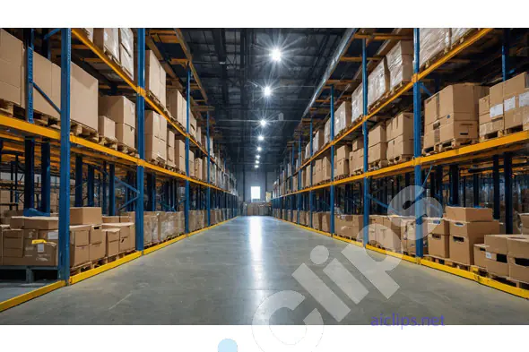 Spacious Warehouse Aisle with Stacked Boxes
