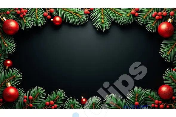 Christmas Frame with Evergreen Branches and Red Baubles on Black Background