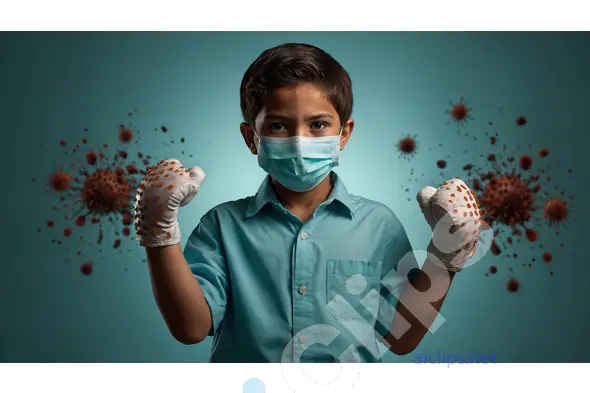 Child Fighting Against Viruses with Protective Mask