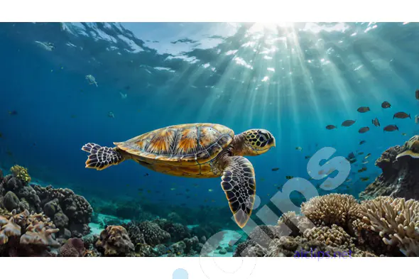 Sea Turtle Gliding in Sunlit Ocean