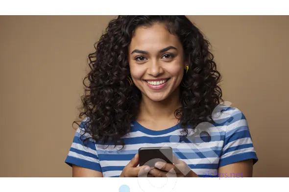Smiling Woman with Curly Hair Using Smartphone in Striped Shirt