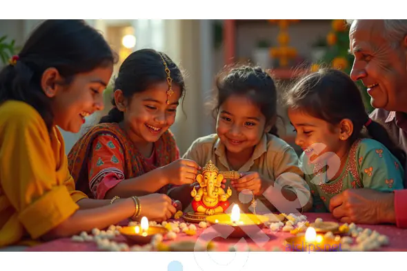 Family Celebrating Ganesh Chaturthi with Joyful Rituals