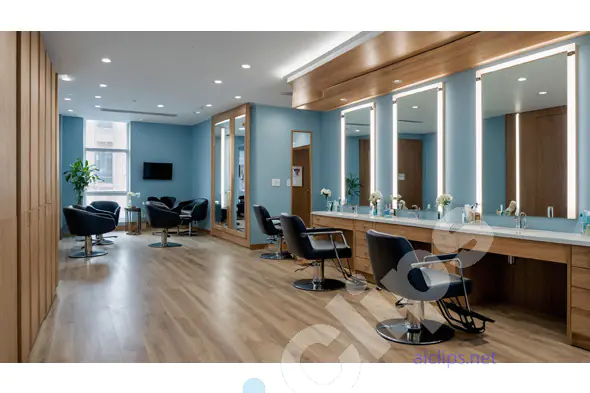 Elegant Hair Salon Interior with Styling and Waiting Area