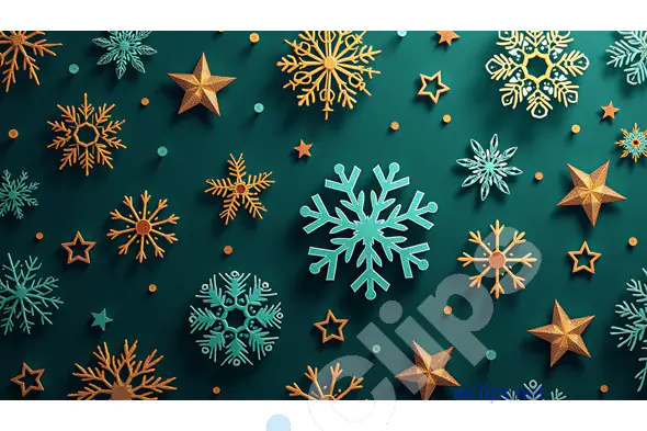 Festive Teal and Gold Snowflakes with Stars Background