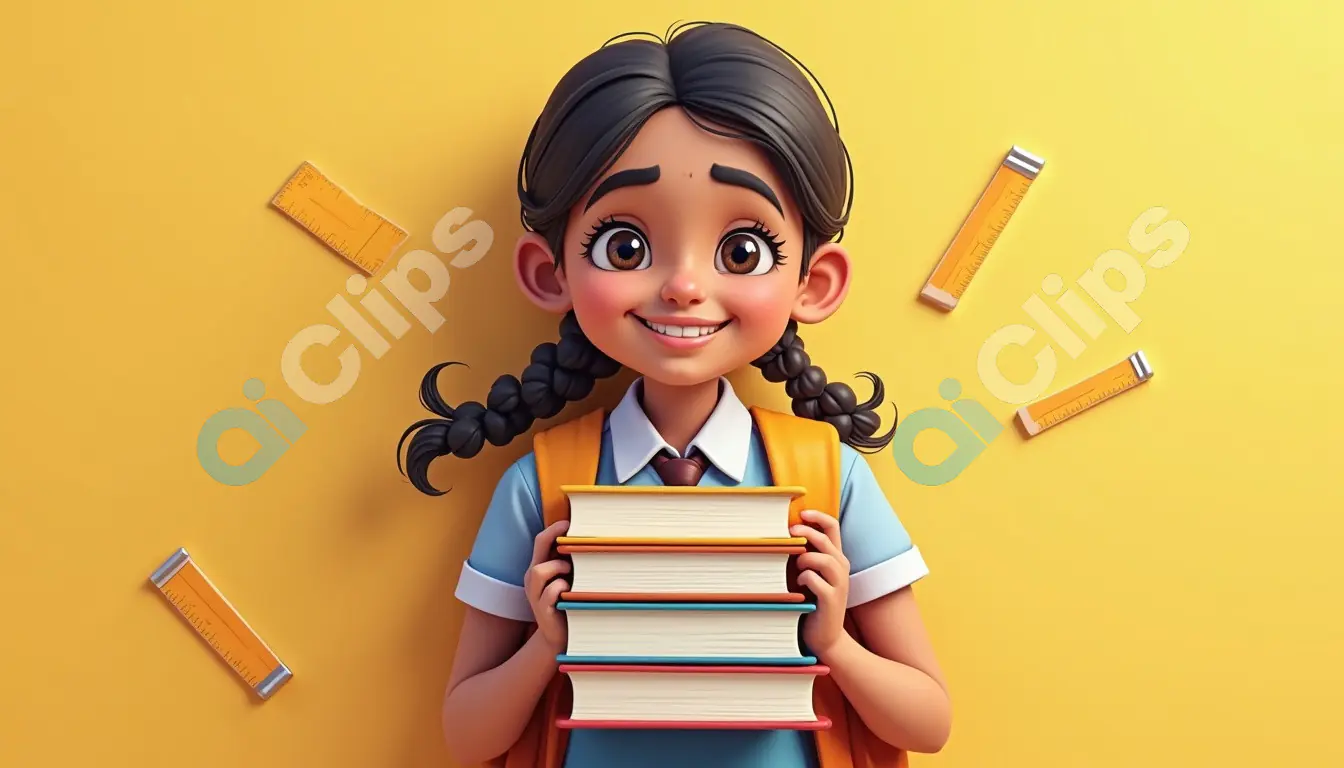 "Smiling School Girl Holding Books - 3D Illustration"