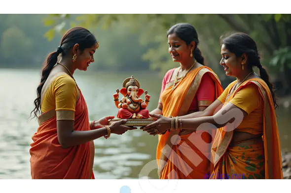 Women Performing Ganesh Visarjan - Traditional Hindu Ritual at Riverbank