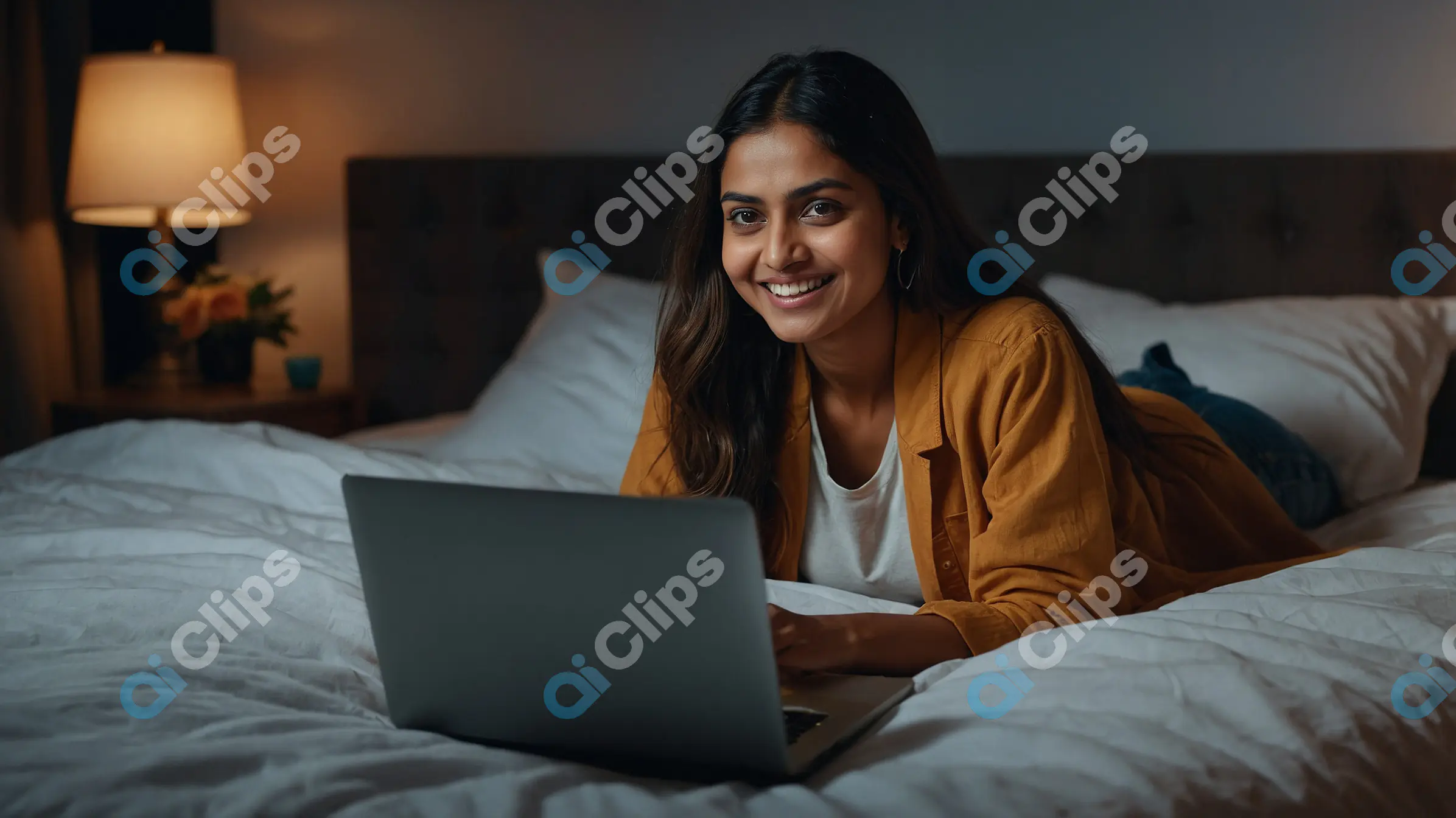 Indian Woman Smiling While Using Laptop in Bed - Cozy Nighttime Setting