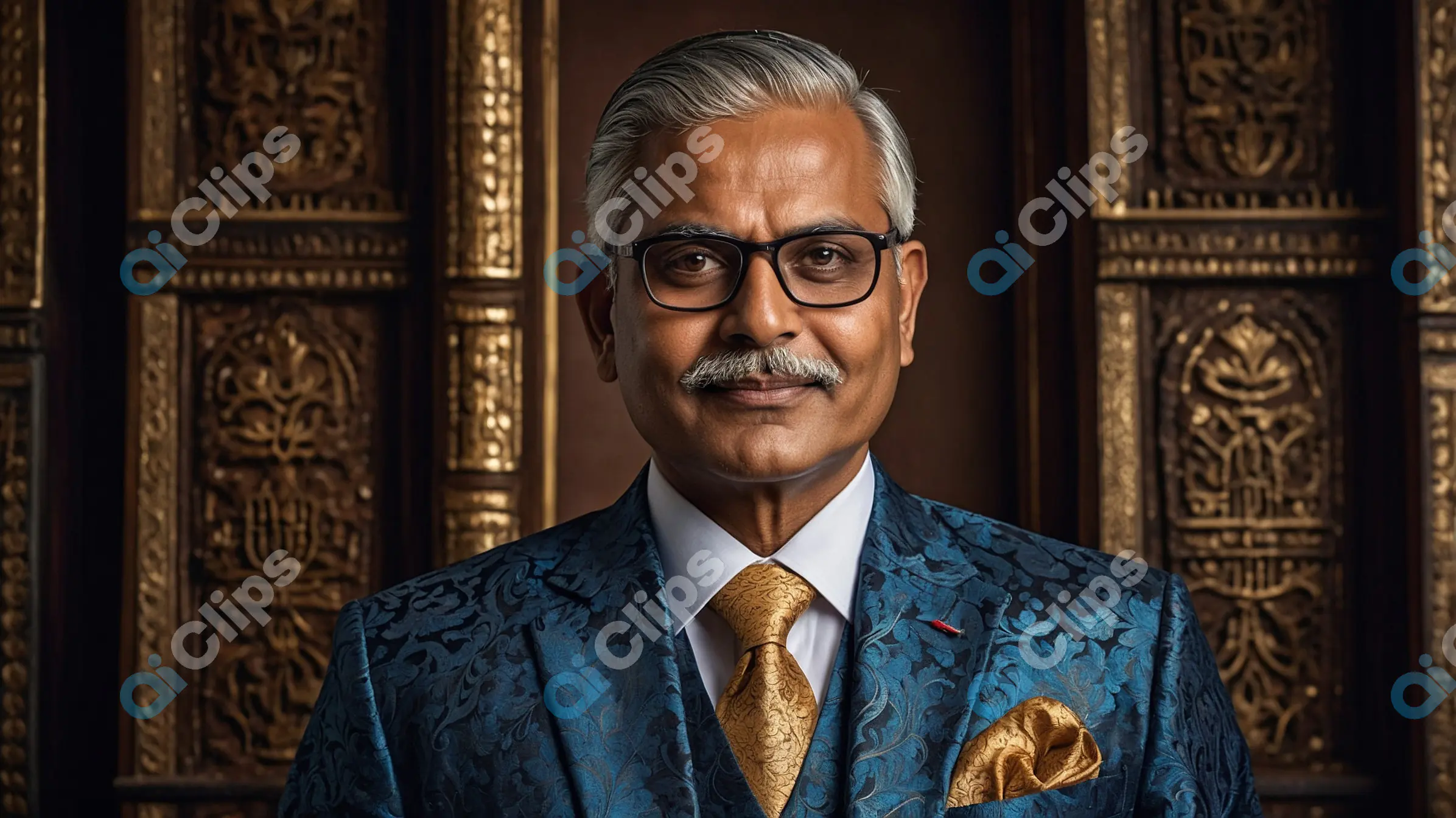 Elderly Man in Blue Brocade Suit