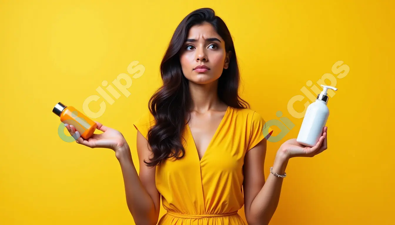 Confused Woman Holding Two Bottles on Yellow Background