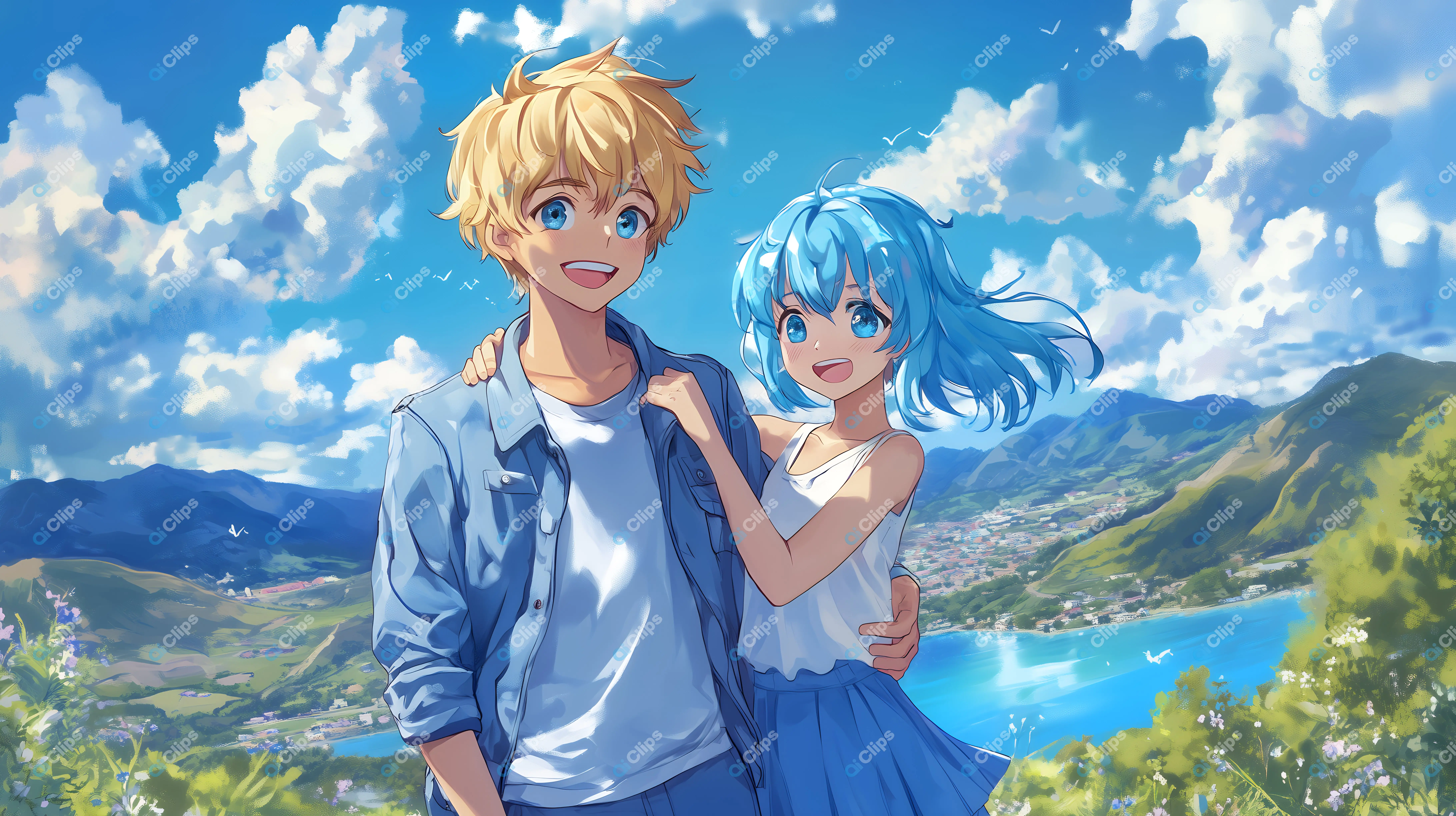Anime Couple with Scenic Mountain View