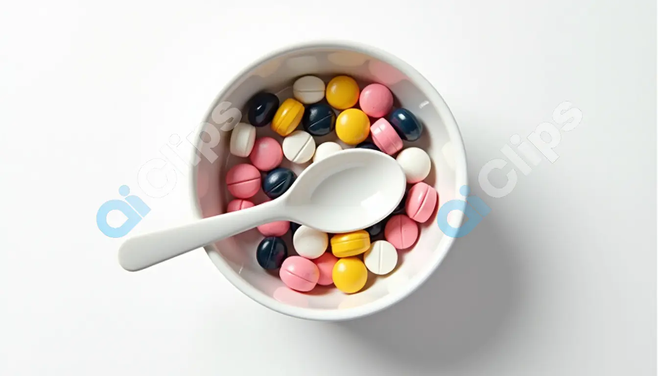 Assorted Pills in a White Bowl - Top View