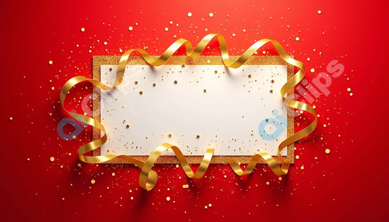 Festive Christmas Greeting Card Template with Golden Ribbon and Red Background
