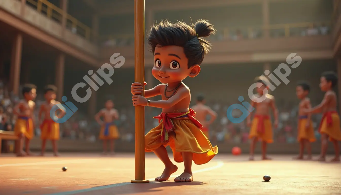 Adorable Child Practicing Traditional Indian Martial Arts - Cartoon Style
