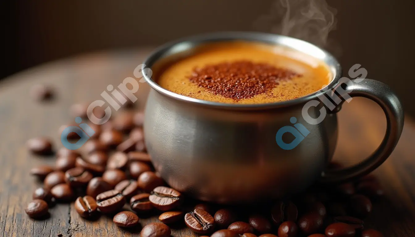 Hot Coffee in a Rustic Steel Mug with Coffee Beans