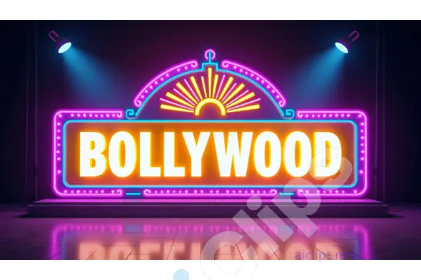 Neon Bollywood Cinema Sign with Spotlight and Reflection