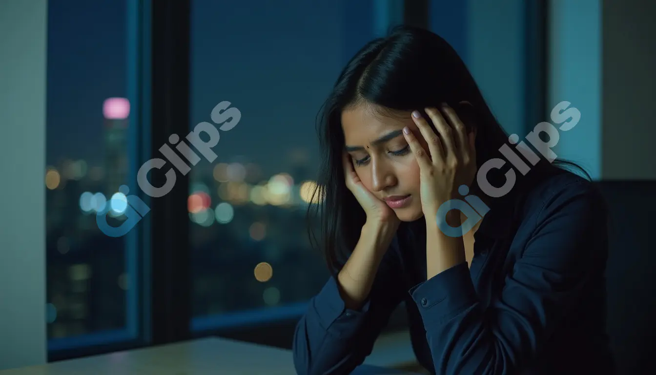 Stressed Woman at Night in Office