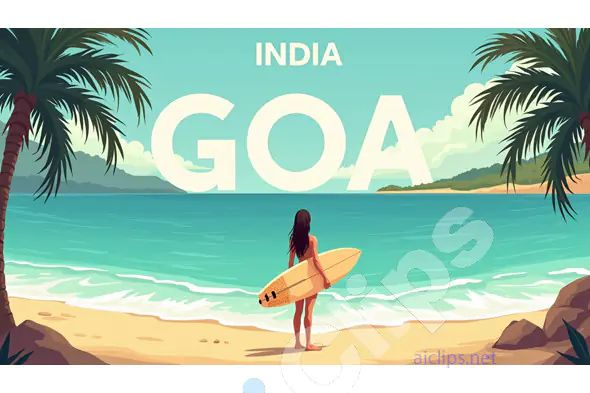 Goa Beach Illustration with Surfer Girl