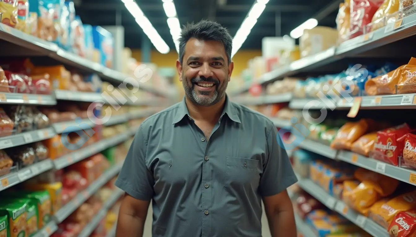 Smiling Man in a Supermarket Aisle