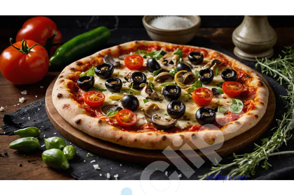 Veggie Pizza with Olives, Mushrooms, and Cherry Tomatoes