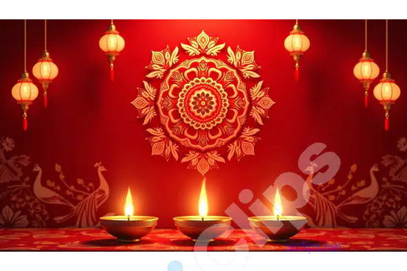 Red Diwali Rangoli with Lanterns and Diyas