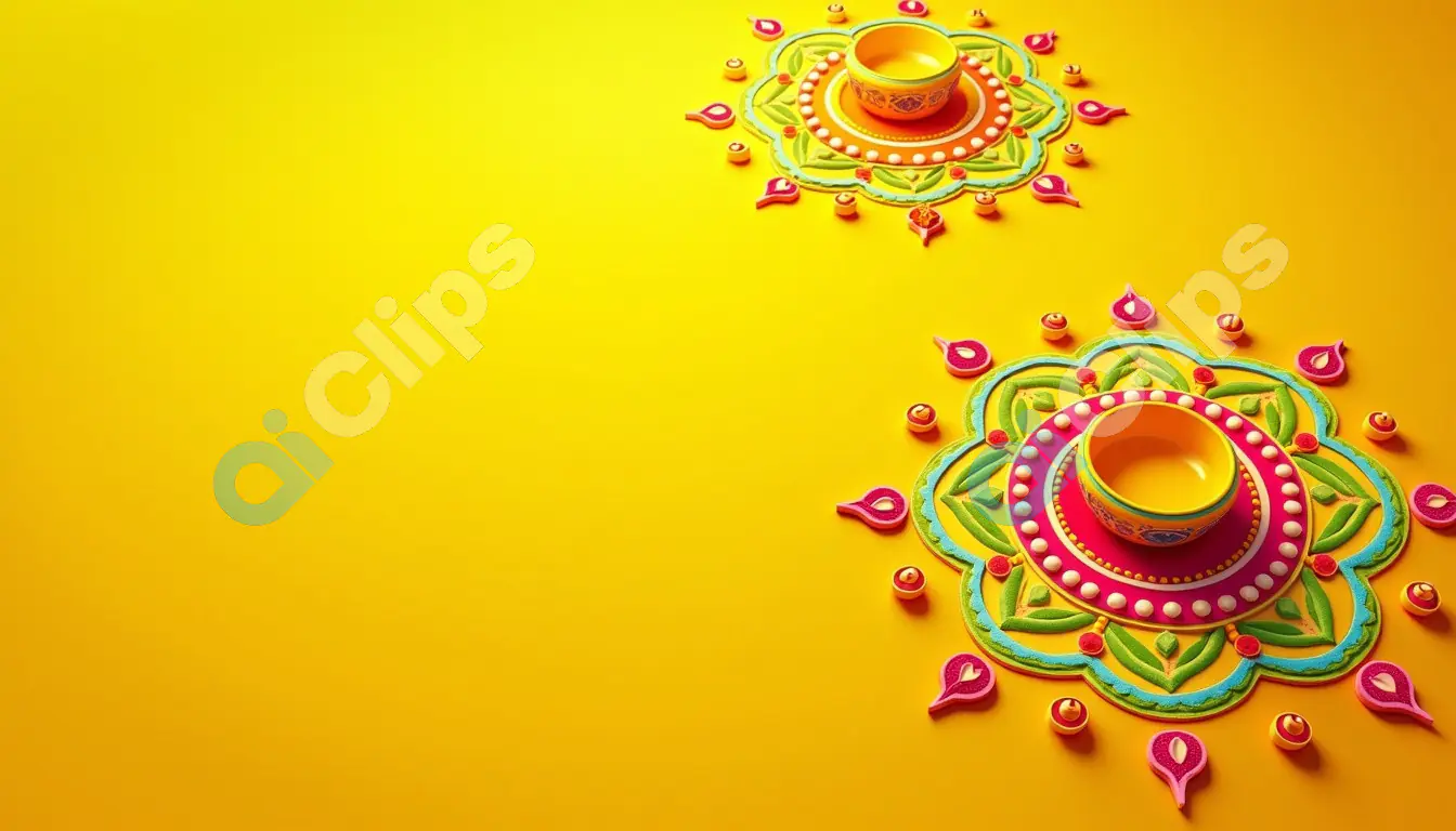 Diwali Rangoli Design with Diyas on Vibrant Yellow Background
