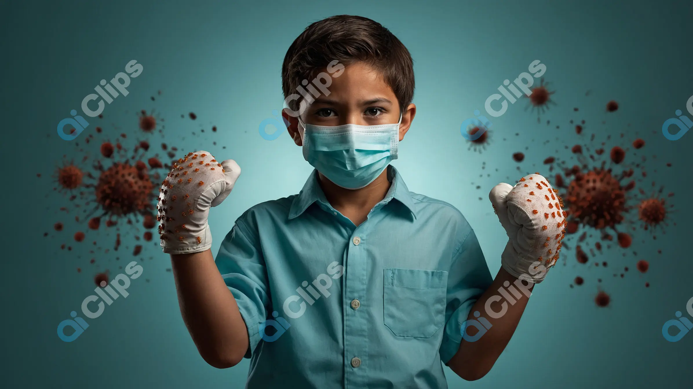 Child Fighting Against Viruses with Protective Mask