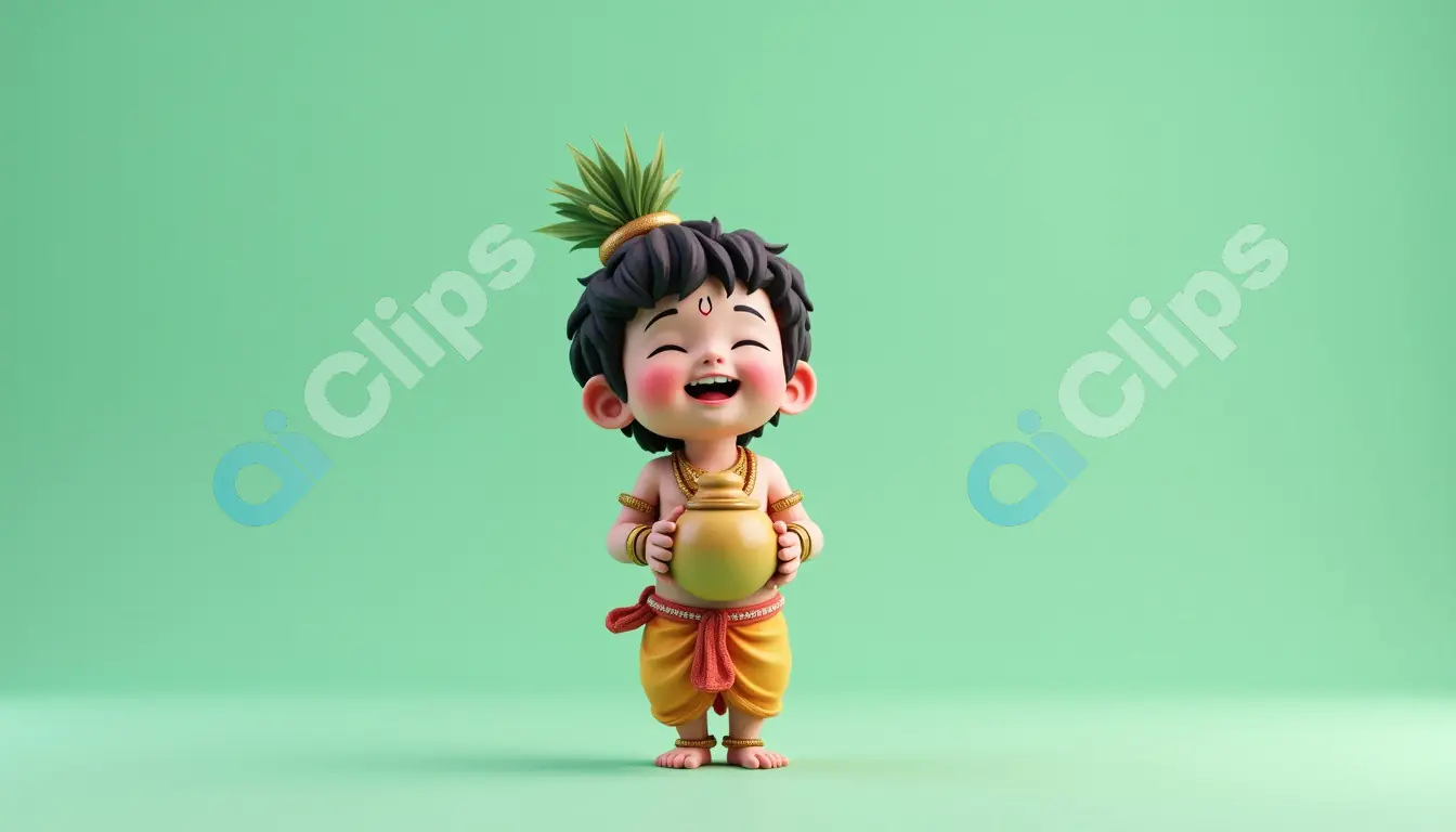 Joyful Baby Deity Holding Pot on Green Background