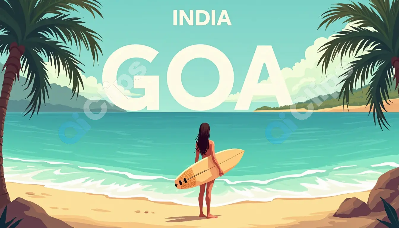 Goa Beach Illustration with Surfer Girl